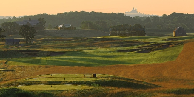 Erin Hills #18 and Holy Hill in Distance
